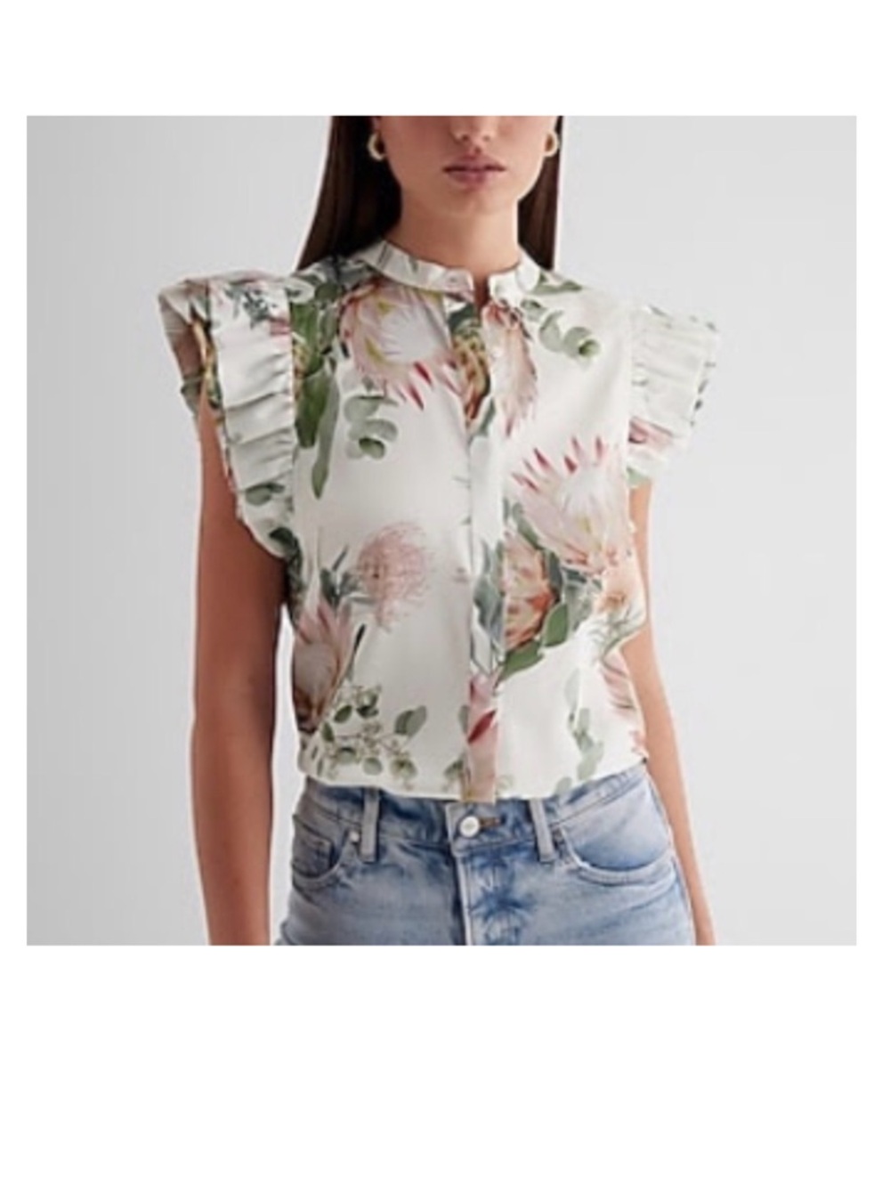 Satin Floral Button Up Flutter Sleeve Gramercy Shirt